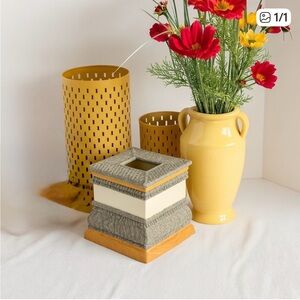 Stylish Gray and Cream Tissue Box Cover, Vase, and Candle Holders Yellow Decor